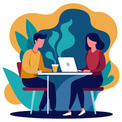 Two people working together on a laptop with coffee and plants