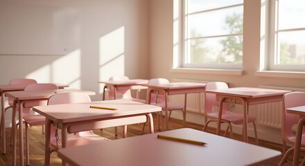 Empty classroom with pink desks and chairs, illuminated by sunlight streaming through the windows.