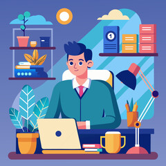 Man working on laptop at desk with plants and books in a modern office