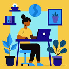 Fototapeta premium Woman working on laptop at desk with plants and office supplies