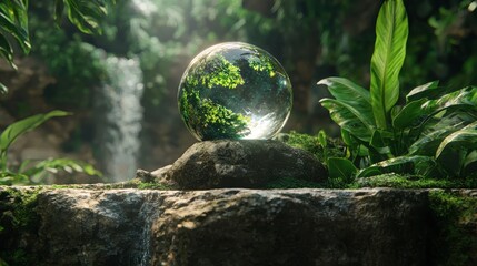 Crystal Globe in Lush Tropical Waterfall Setting