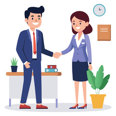 Fototapeta premium Two professionals shaking hands in an office setting with a clock and plants