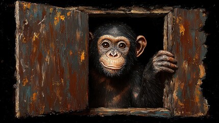 Curious Young Chimpanzee Peeking from Rustic Wooden Frame