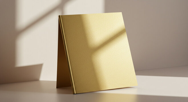 Elegant gold hardcover book resting against a wall in soft lighting, with subtle shadow play creating depth, ideal for title display or design presentation