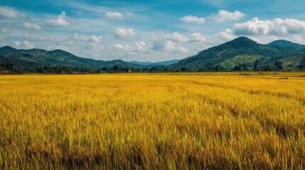 Fototapeta premium Golden rice paddy field stretches towards distant mountains under a partly cloudy sky. Lush, vibrant landscape