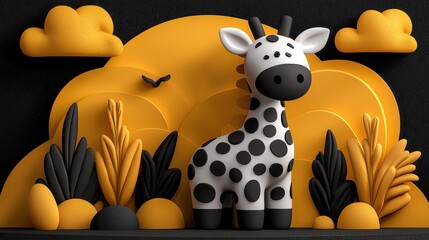 Cute Cartoon Giraffe in a Stylized Yellow and Black Landscape