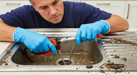 Plumber cleaning dirty clogged sink drain in kitchen. Close-up