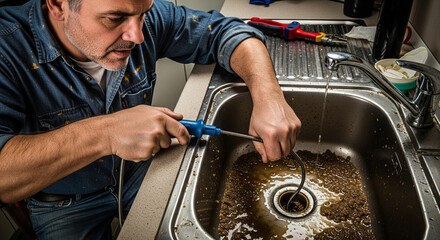 Plumber cleaning dirty clogged sink drain in kitchen. Close-up