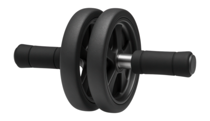 Compact ab roller with dual wheels and foam handles for core workouts