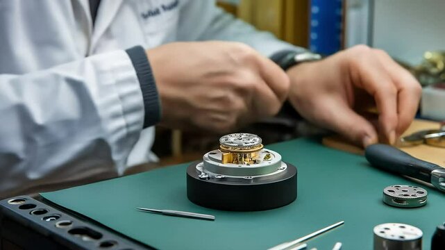 Close-up of a skilled watchmaker carefully assembling intricate mechanical components on a work surface, demonstrating precision and expertise