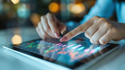 Businesswoman using a tablet with stock market data stock photo --ar 16:9 --raw --v 6 Job ID: d246e843-8a8b-4ee9-ad5a-c4fe6f18c84c