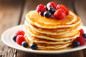 Stacked pancakes with syrup, raspberries, and blueberries on a white plate.