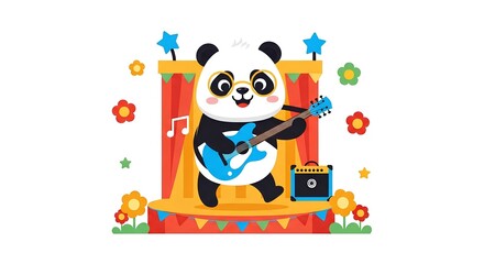 Fototapeta premium A cartoon panda wearing glasses stands on a stage playing a blue electric guitar next to an amplifier, with flowers and stars around.