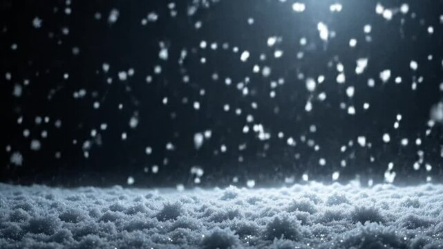 Frozen white falling snow background or Christmas winter snowflake particle effect and festive Christmas glitter pattern isolated on black snow texture background with cold night storm. 4k video