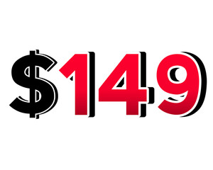 Bold red number $149 dollars  sign in a 3D style, featuring white and black outlines, creating a shadow effect on transparent background.