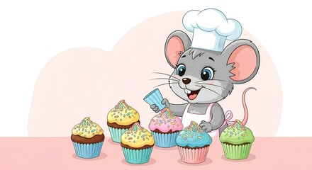 Cute cartoon mouse chef decorating colorful cupcakes.