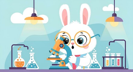 Cute white rabbit scientist examines a microscope in a cartoon laboratory setting.