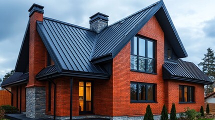 Obraz premium Modern red brick house with dark metal roof at dusk