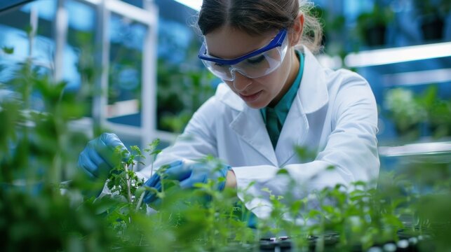 Scientist examining plant samples in a biotech lab stock photo --ar 16:9 --raw --v 6 Job ID: f0bc2807-dd21-4580-bd21-1085c8510f0d