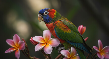 Plumeria Blooms and a Bright Parrot Close-Up