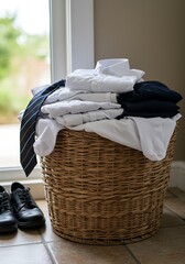 A wicker basket holds neatly folded laundry, including shirts and a tie.