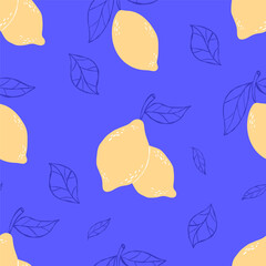 la dolce vita aesthetics. Vintage seamless pattern with yellow lemons and leaves on blue background. Mediterranean Summer minimal backdrop. Citrus tropical whimsical fruits in Hand drawn. Not AI