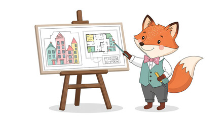 A cartoon fox, dressed formally, presents architectural blueprints on an easel.