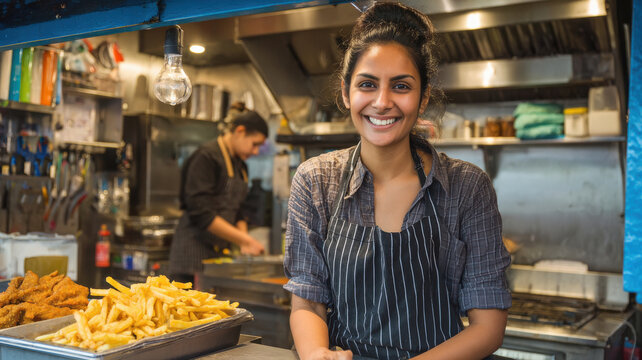 young indian woman working at food stall