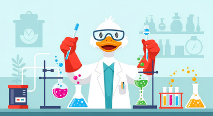 Cartoon duck scientist conducting experiments in a colorful laboratory with various beakers and equipment.