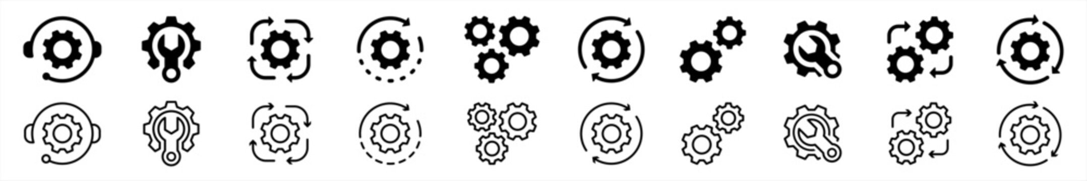 Cogwheel and setting icons collection line style. Manufacturing symbol. Containing Operation, process, Service, Cog wheel, Gear wheel, tool, maintenance, repair, wrench signs vector illustration.