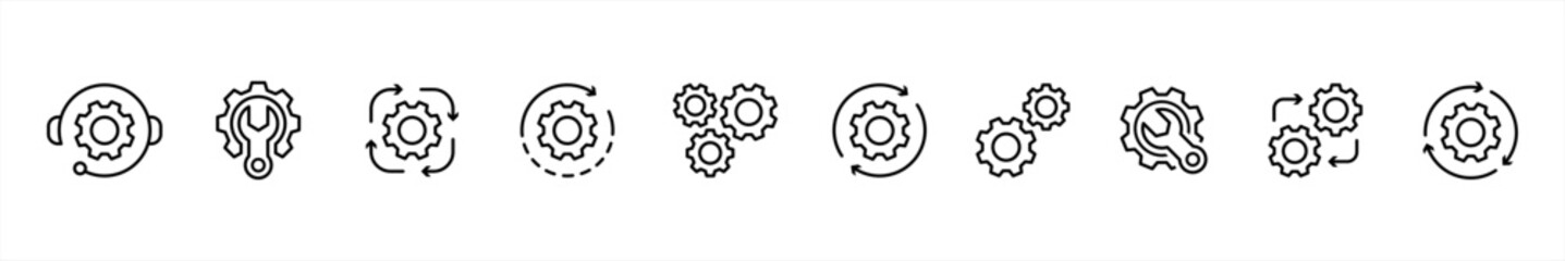 Cogwheel and setting icons collection line style. Manufacturing symbol. Containing Operation, process, Service, Cog wheel, Gear wheel, tool, maintenance, repair, wrench signs vector illustration.