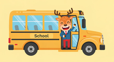 Cartoon illustration of a deer character driving a yellow school bus, waving with a happy expression.
