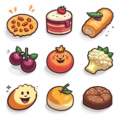 Assorted Cute Cartoon Food Illustration Featuring Pastries and Healthy Options