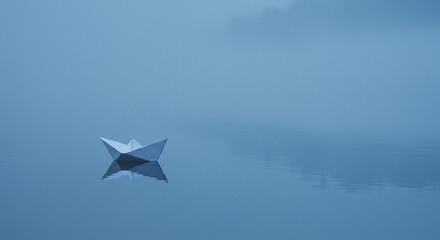 Minimalist Composition of a Paper Boat Floating Serenely on Calm Water, Bathed in Tranquil Blue Tones and Soft Reflections