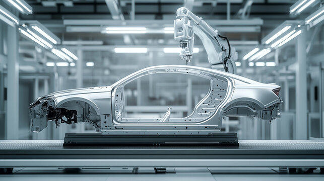 automated robotic arm assembling car on  production line in factory