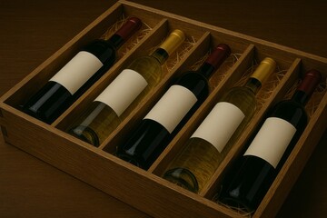 Five bottles of wine red and white nestled in a wooden gift box with straw