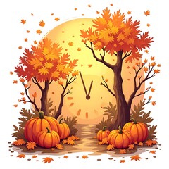 Autumn Harvest Scene with Pumpkins Falling Leaves and Clock Background