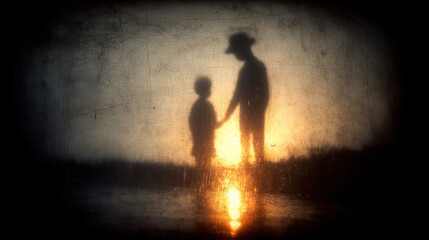 Child's shadow transforms into dark figure, representing inherited trauma and the unconscious Jungian shadow at sunset