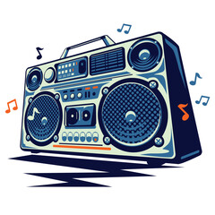 Music design - playing retro boom box tape recorder and musical notes