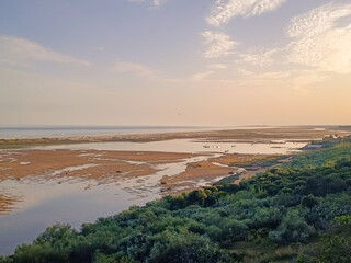 Panorama of the Ria Formosa landscape at sunset in Cacela Velha beach, Algarve, Portugal