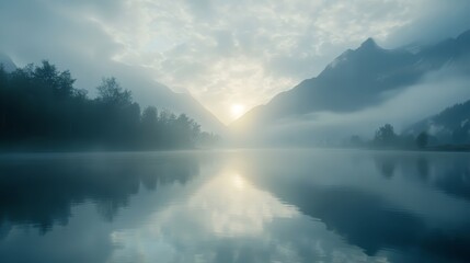 Fototapeta premium Morning sun peeking through fog over a calm lake