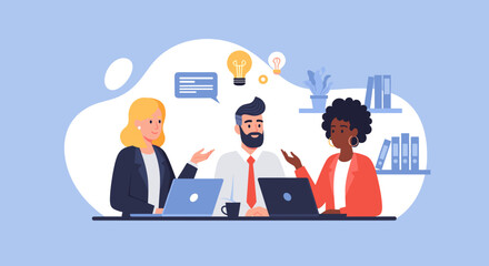 Diverse team collaborating on a business project using laptops and sharing ideas in a modern office setting.