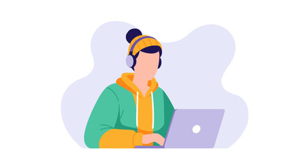 An illustration depicts a person wearing headphones, focused on a laptop, engaged in web design, marketing, or a presentation, ideal for a landing page or corporate brochure.
