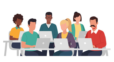 A diverse group of professionals collaborates on laptops in a modern flat design illustration, perfect for business and technology themes.