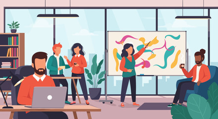 Diverse team collaborates on creative project in modern office, presenting ideas on a whiteboard with colorful abstract shapes.