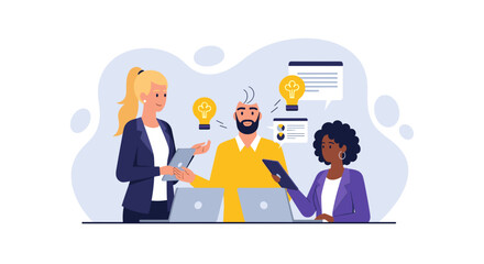 A diverse team of business professionals collaborates on new ideas and innovative solutions in a modern office setting, depicted in a contemporary flat design illustration.