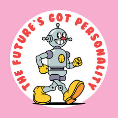Happy Retro Robot Mascot with "The Future's Got Personality" Text