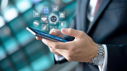 Businessman using smartphone with digital icons technology