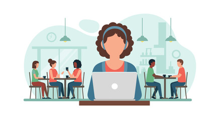 An illustration depicting a person working remotely on a laptop with headphones in a bustling cafe environment, showcasing modern digital lifestyle.