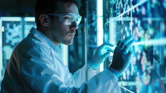 Researcher using a touchscreen in a science lab stock photo --ar 16:9 --raw --v 6 Job ID: eae9d8fa-208c-4e37-98f6-195a4bed7dd3